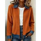 🎁New Arrivals 🔥Women's Casual Ribbed Knit Zip-Up Jacket with Contrast Denim Details