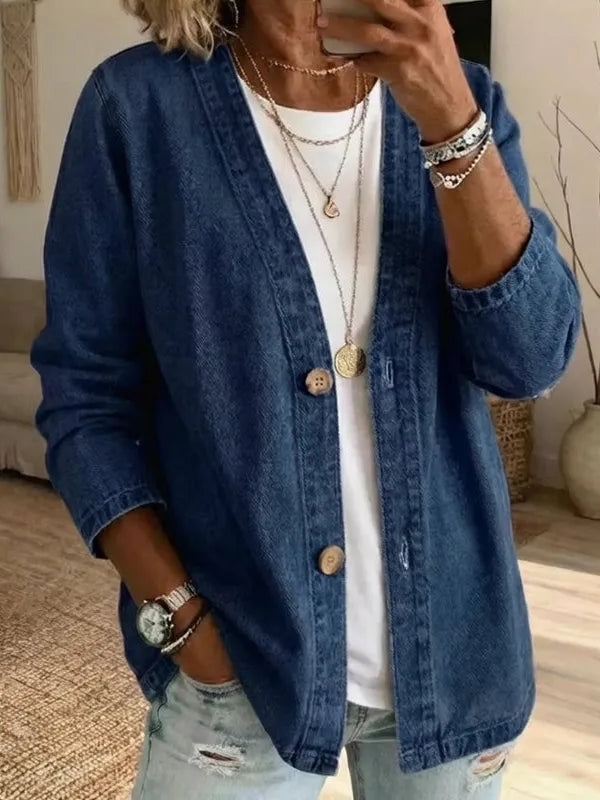 🧥 50% OFF NOW! ✨ Women's Classic Button Front Denim Jacket – V-Neck, Breathable Fabric & Relaxed Fit 💙