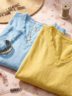 🔥Vintage Frayed V-Neck Linen Blend Top