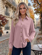 Womens Waffle Knit Shacket Button Down Long Sleeve Tops with Pocket
