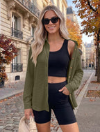 Womens Waffle Knit Shacket Button Down Long Sleeve Tops with Pocket