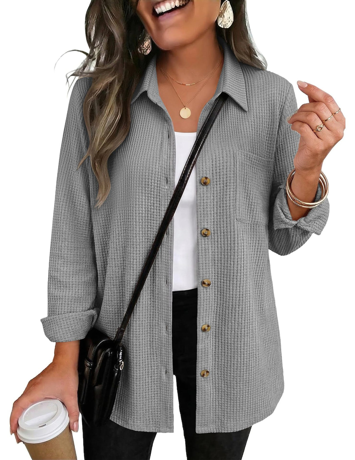 Womens Waffle Knit Shacket Button Down Long Sleeve Tops with Pocket