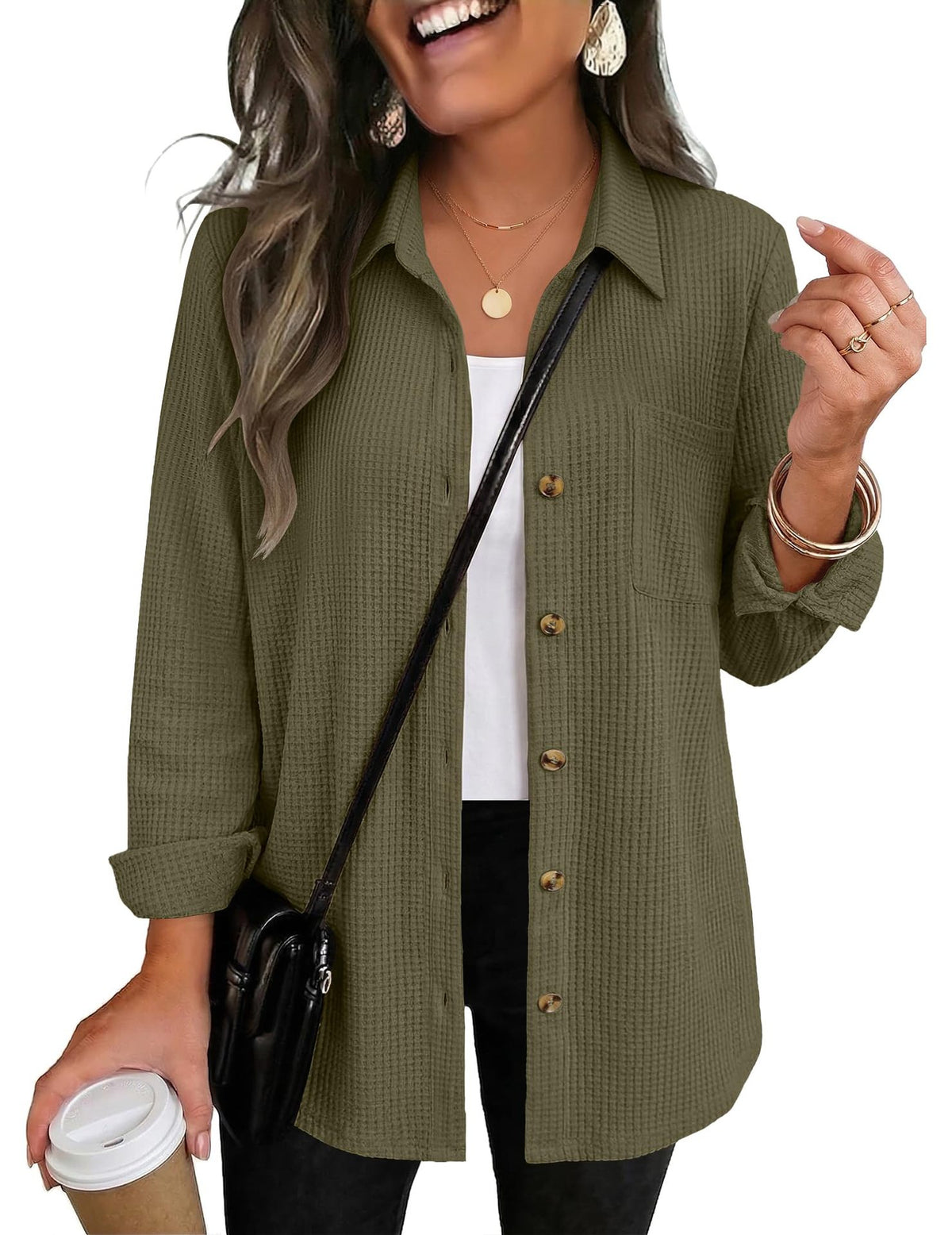 Womens Waffle Knit Shacket Button Down Long Sleeve Tops with Pocket