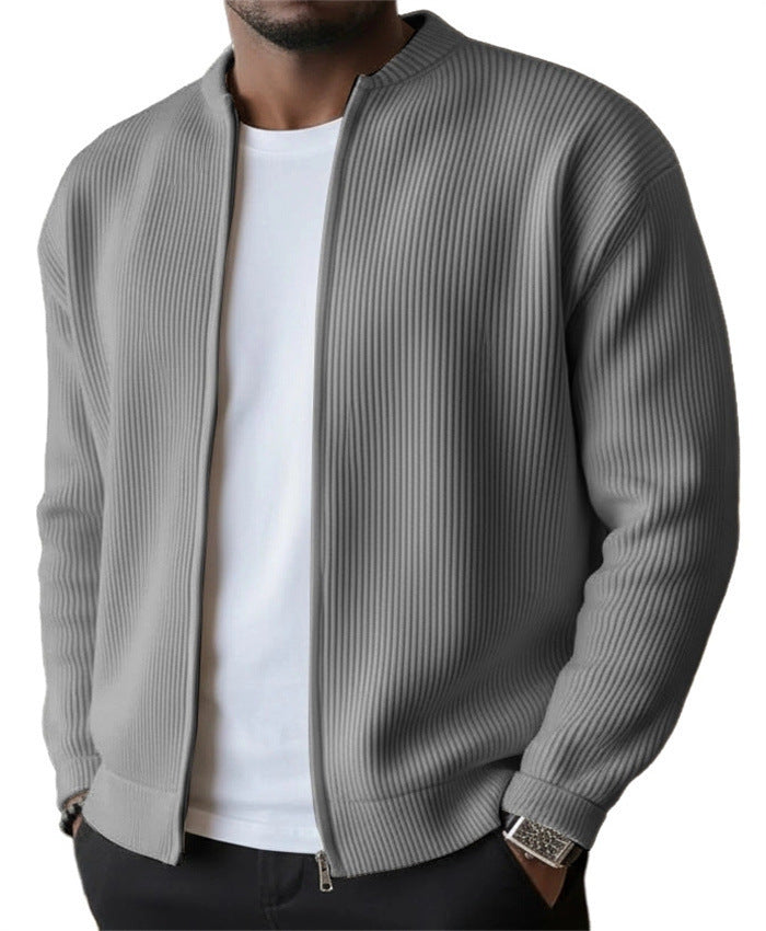 Men's Simple Casual Ribbed Stand Collar Zipper Long Sleeved Jacket