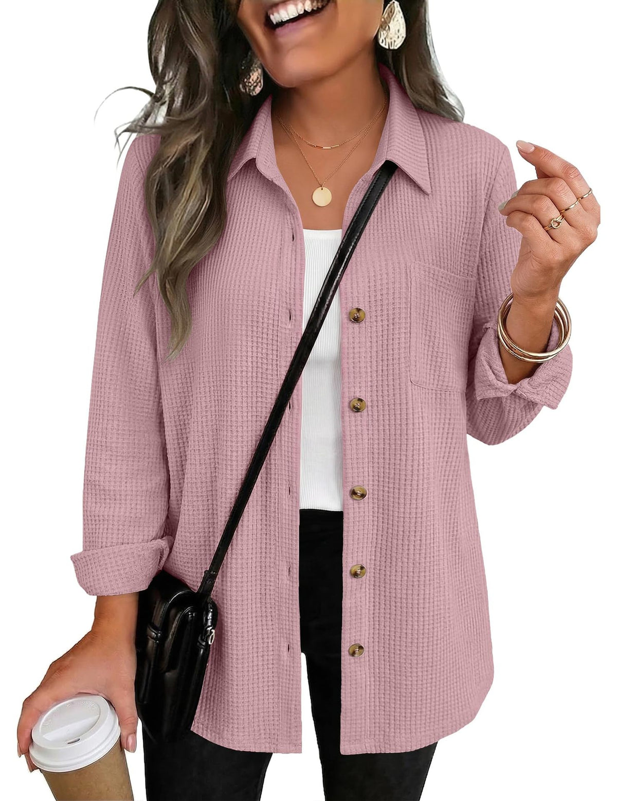 Womens Waffle Knit Shacket Button Down Long Sleeve Tops with Pocket