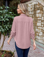 Womens Waffle Knit Shacket Button Down Long Sleeve Tops with Pocket