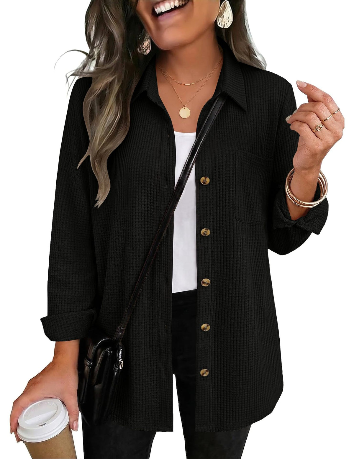 Womens Waffle Knit Shacket Button Down Long Sleeve Tops with Pocket
