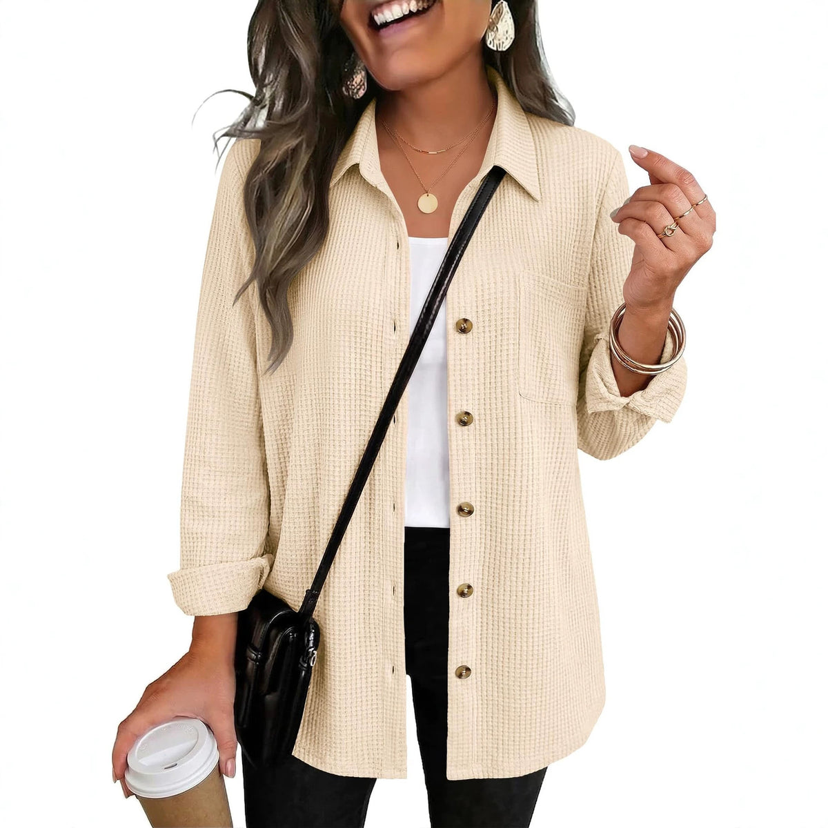 Womens Waffle Knit Shacket Button Down Long Sleeve Tops with Pocket
