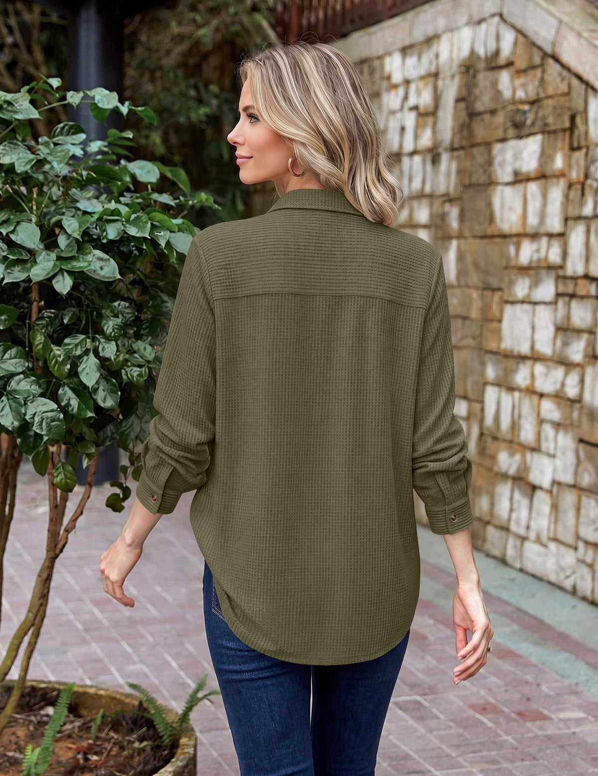 Womens Waffle Knit Shacket Button Down Long Sleeve Tops with Pocket