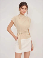 Summer fashionable and simple high-neck short-sleeved fitted top with buttons