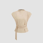Summer fashionable and simple high-neck short-sleeved fitted top with buttons