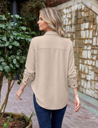 Womens Waffle Knit Shacket Button Down Long Sleeve Tops with Pocket