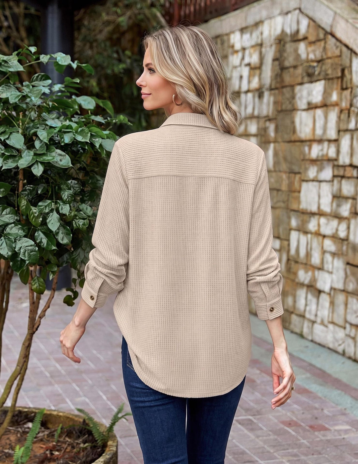 Womens Waffle Knit Shacket Button Down Long Sleeve Tops with Pocket