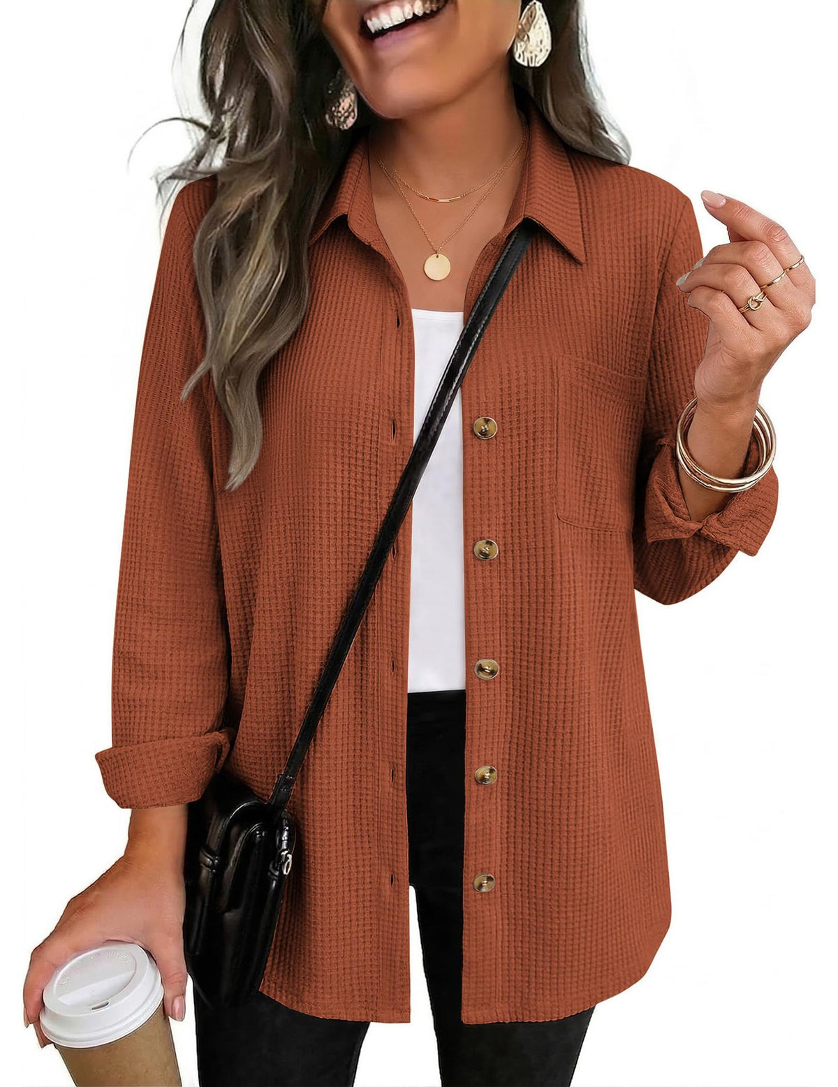 Womens Waffle Knit Shacket Button Down Long Sleeve Tops with Pocket