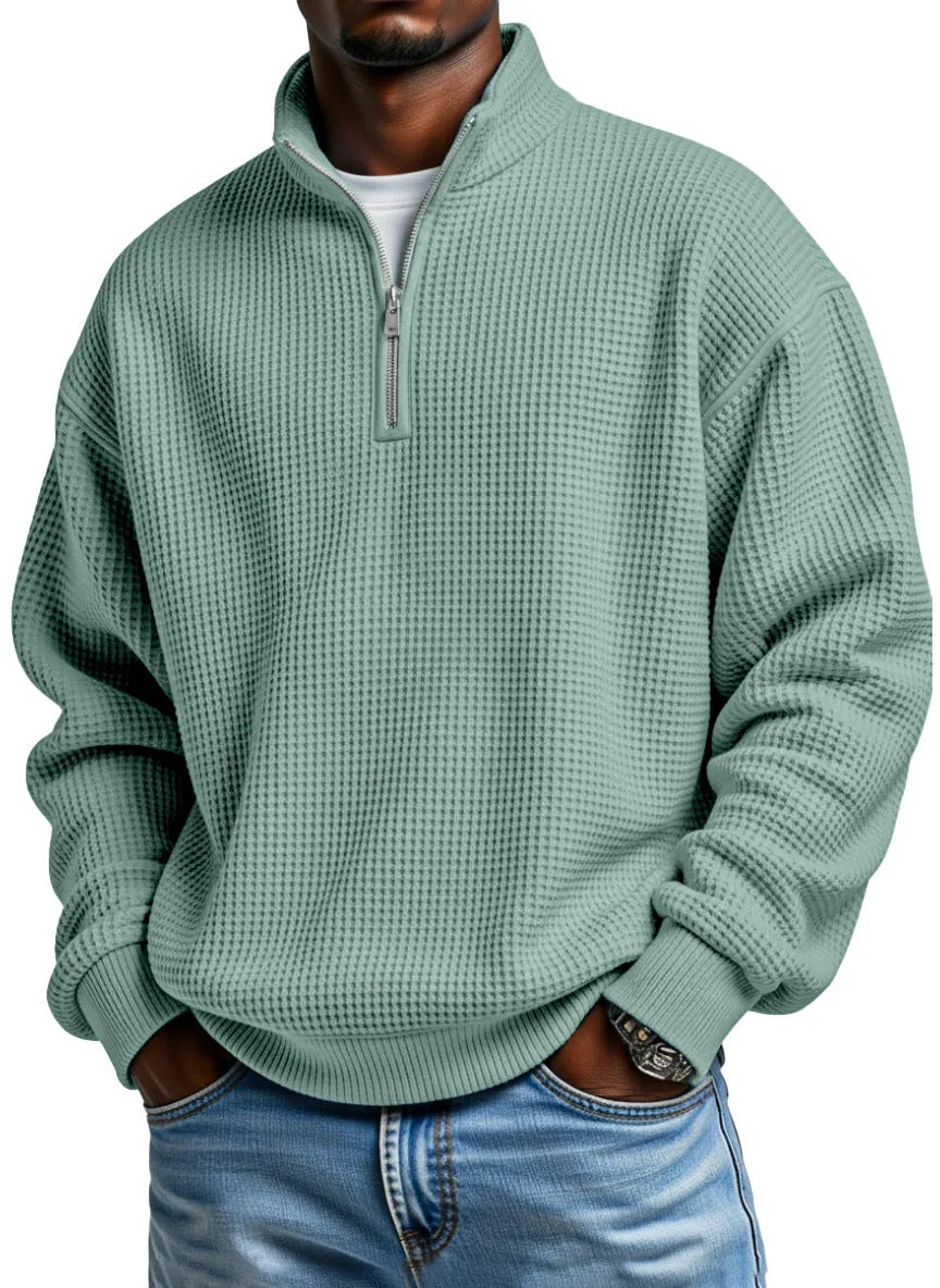 Men's Daily Loose And Simple Waffle Half-zip Stand Collar Long-sleeved Polo Shirt