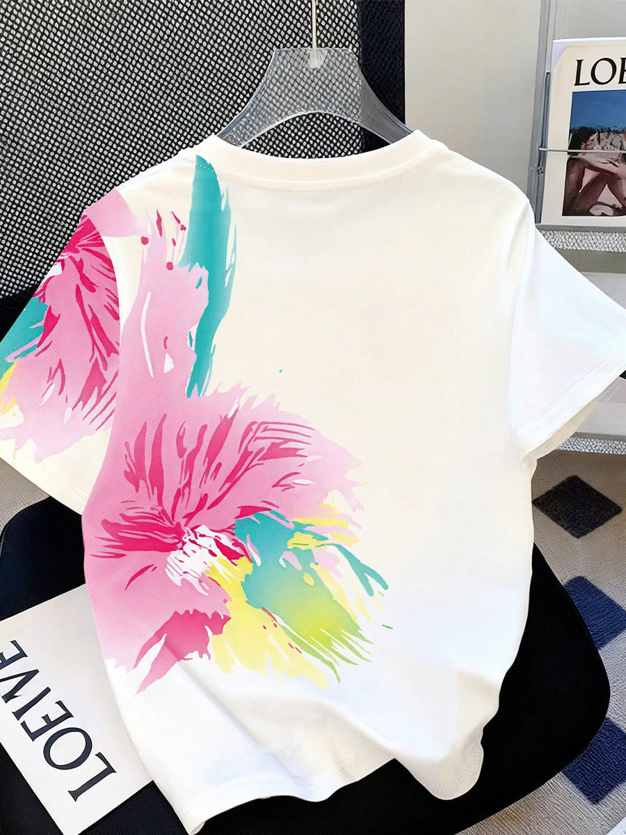 Summer 2026 Fashion Women's T-shirt Artistic Watercolor Floral Oversized Tee Graffiti Short-Sleeve Top