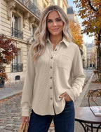 Womens Waffle Knit Shacket Button Down Long Sleeve Tops with Pocket