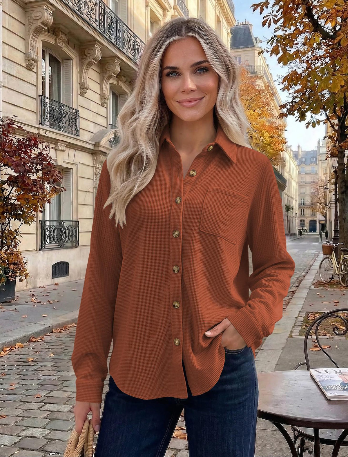 Womens Waffle Knit Shacket Button Down Long Sleeve Tops with Pocket