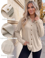 Womens Waffle Knit Shacket Button Down Long Sleeve Tops with Pocket