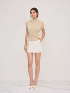 Summer fashionable and simple high-neck short-sleeved fitted top with buttons