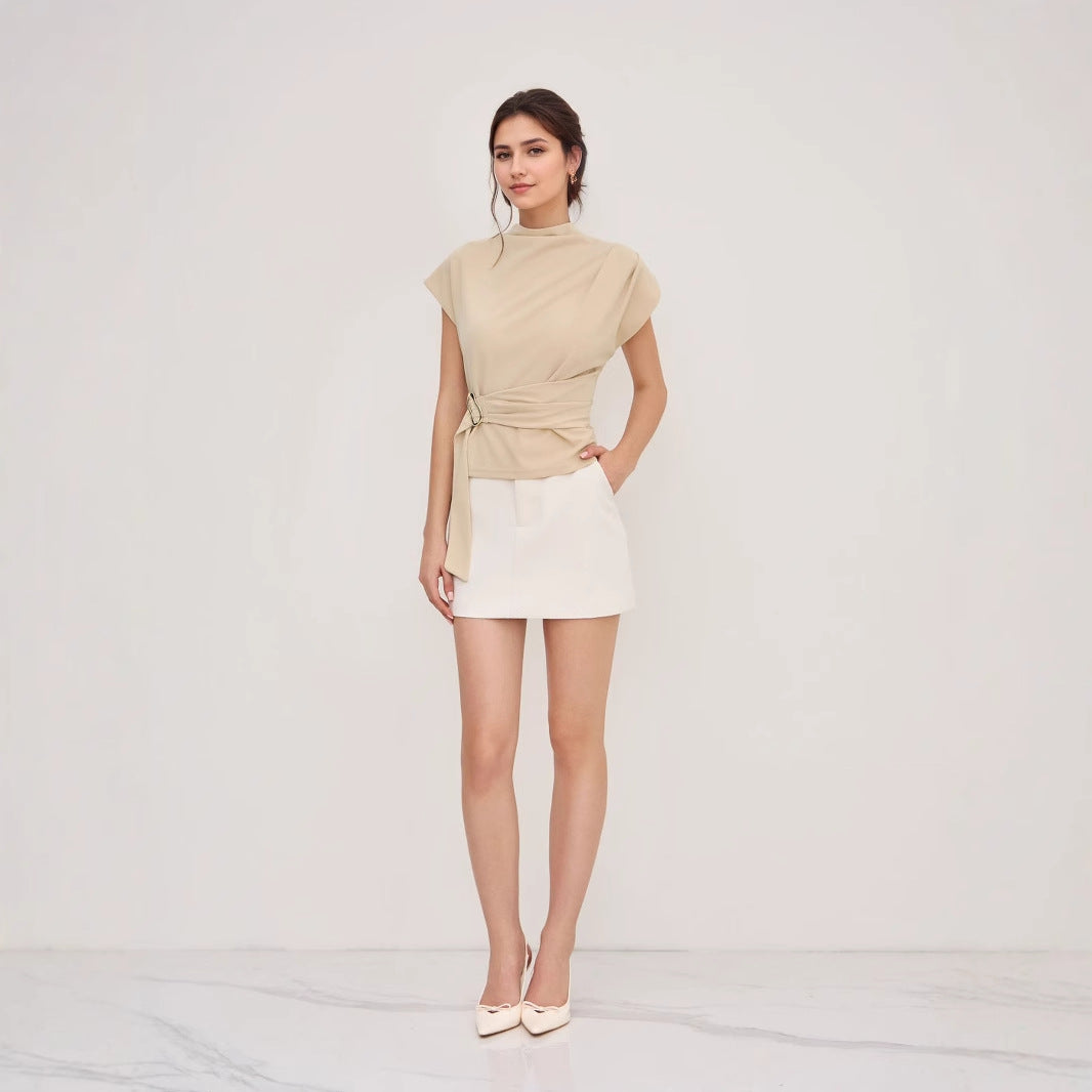 Summer fashionable and simple high-neck short-sleeved fitted top with buttons