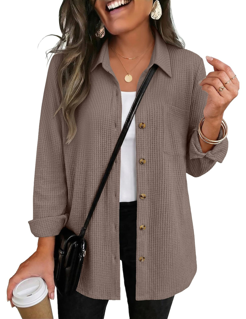 Womens Waffle Knit Shacket Button Down Long Sleeve Tops with Pocket