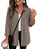 Womens Waffle Knit Shacket Button Down Long Sleeve Tops with Pocket