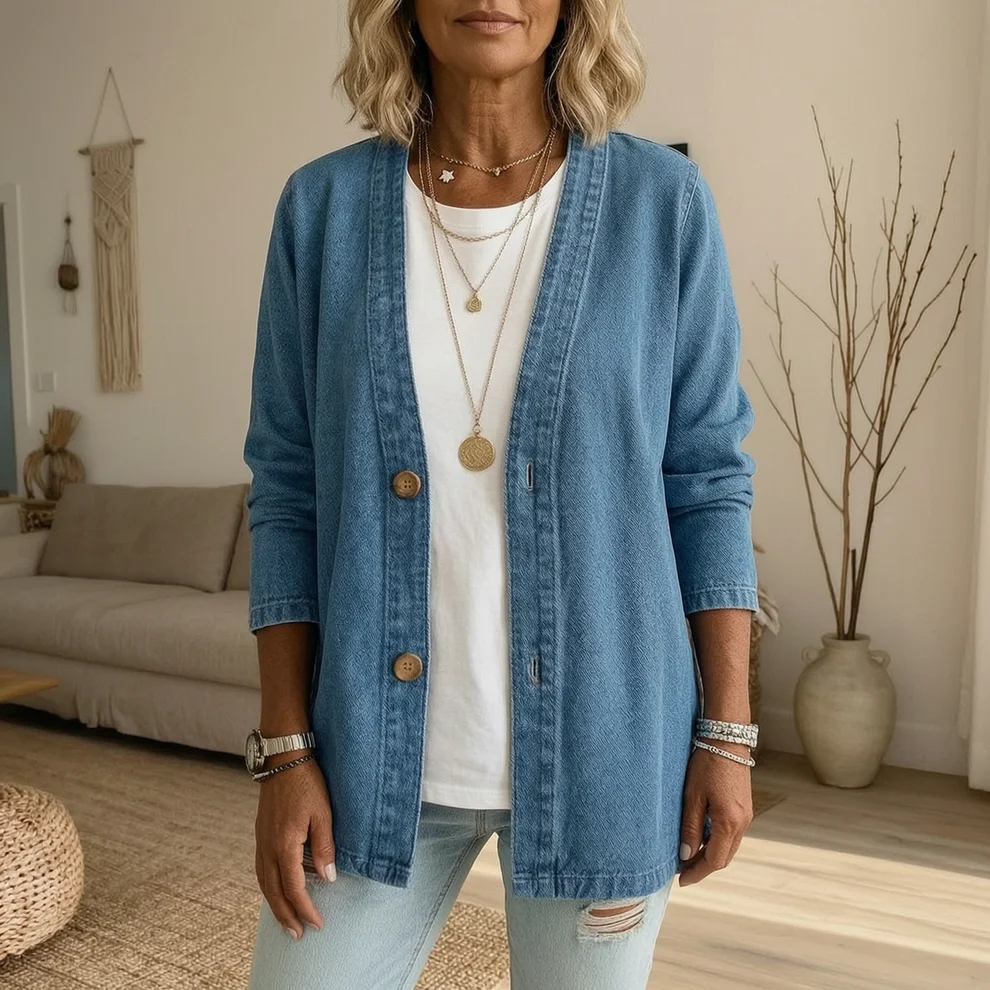 🧥 50% OFF NOW! ✨ Women's Classic Button Front Denim Jacket – V-Neck, Breathable Fabric & Relaxed Fit 💙