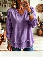 🔥Vintage Frayed V-Neck Linen Blend Top